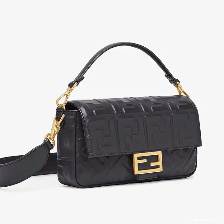 Affordable Fendi Nappa In Black Bag FF Medium Baguette Leather Motif 0520
